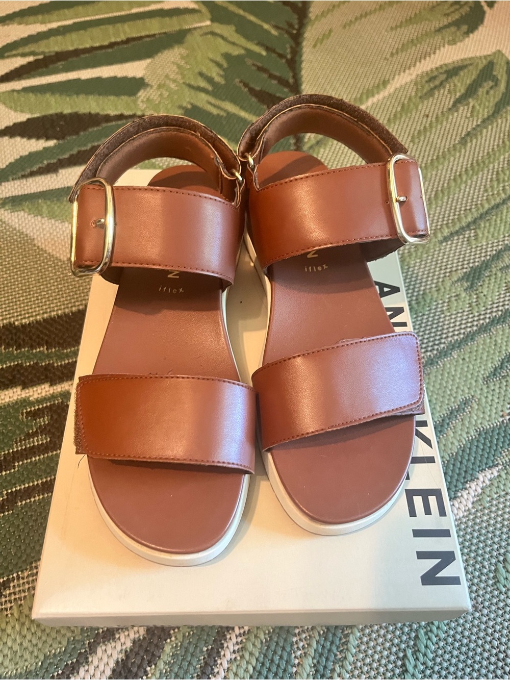 Anne Klein Brown Leather Dual-Strap Sandals with Gold Buckles